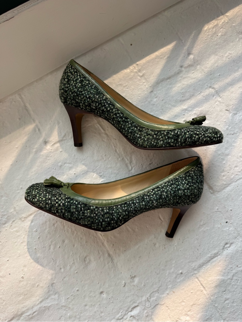 Green Tweed Mid-Heel Pumps with Tassel Accent - Picture 1 of 7